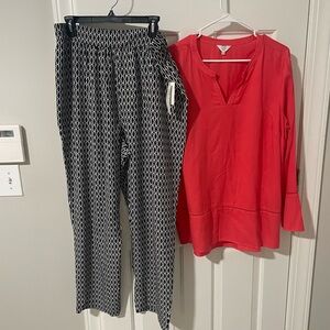 Coral Blouse 1x and Black Pants Set sz 1x NY collection pallazzo